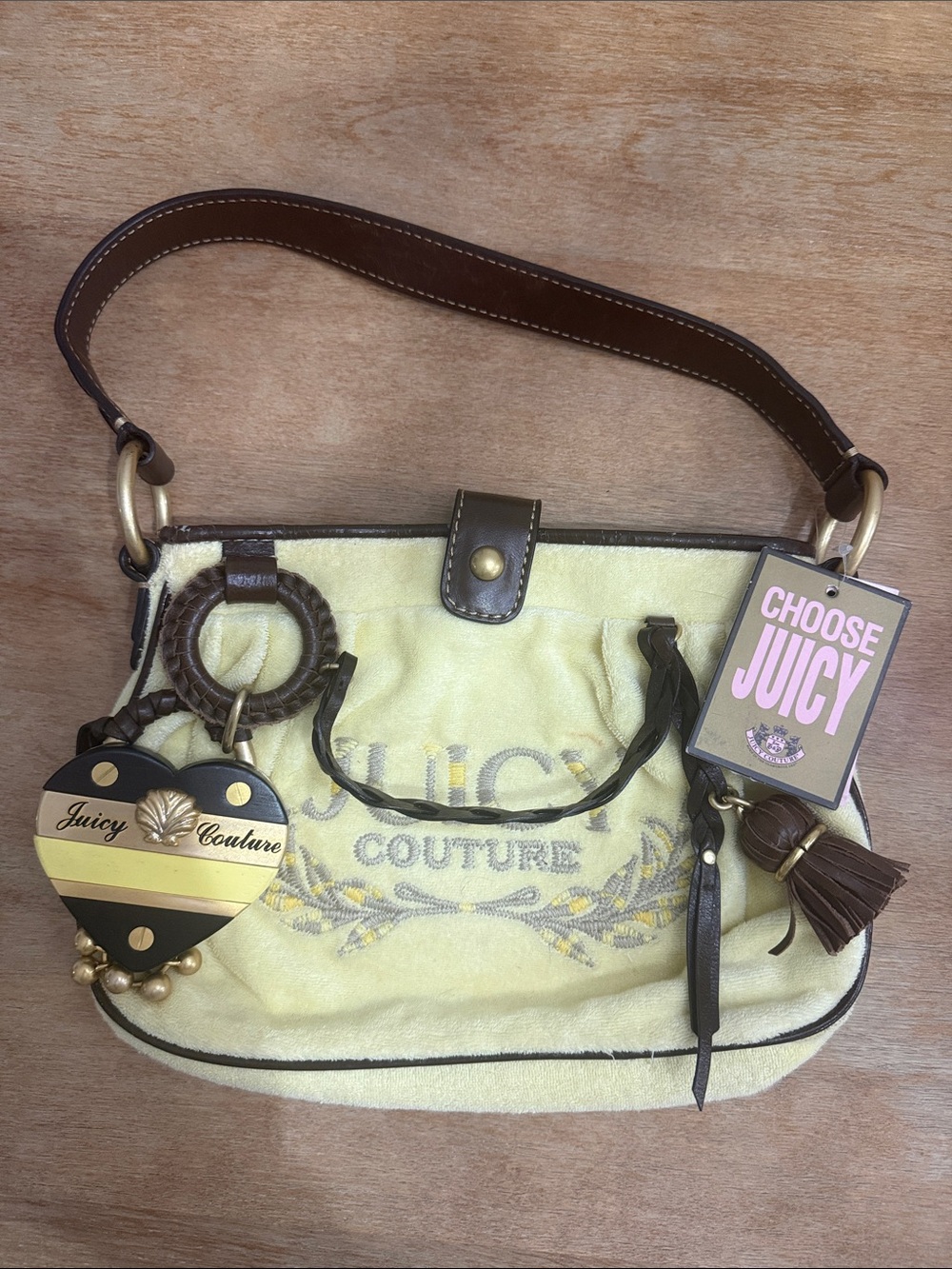 Juicy Couture Y2K Vintage 90s Yellow Velour Shoulder Bag with Brown Trim NWT